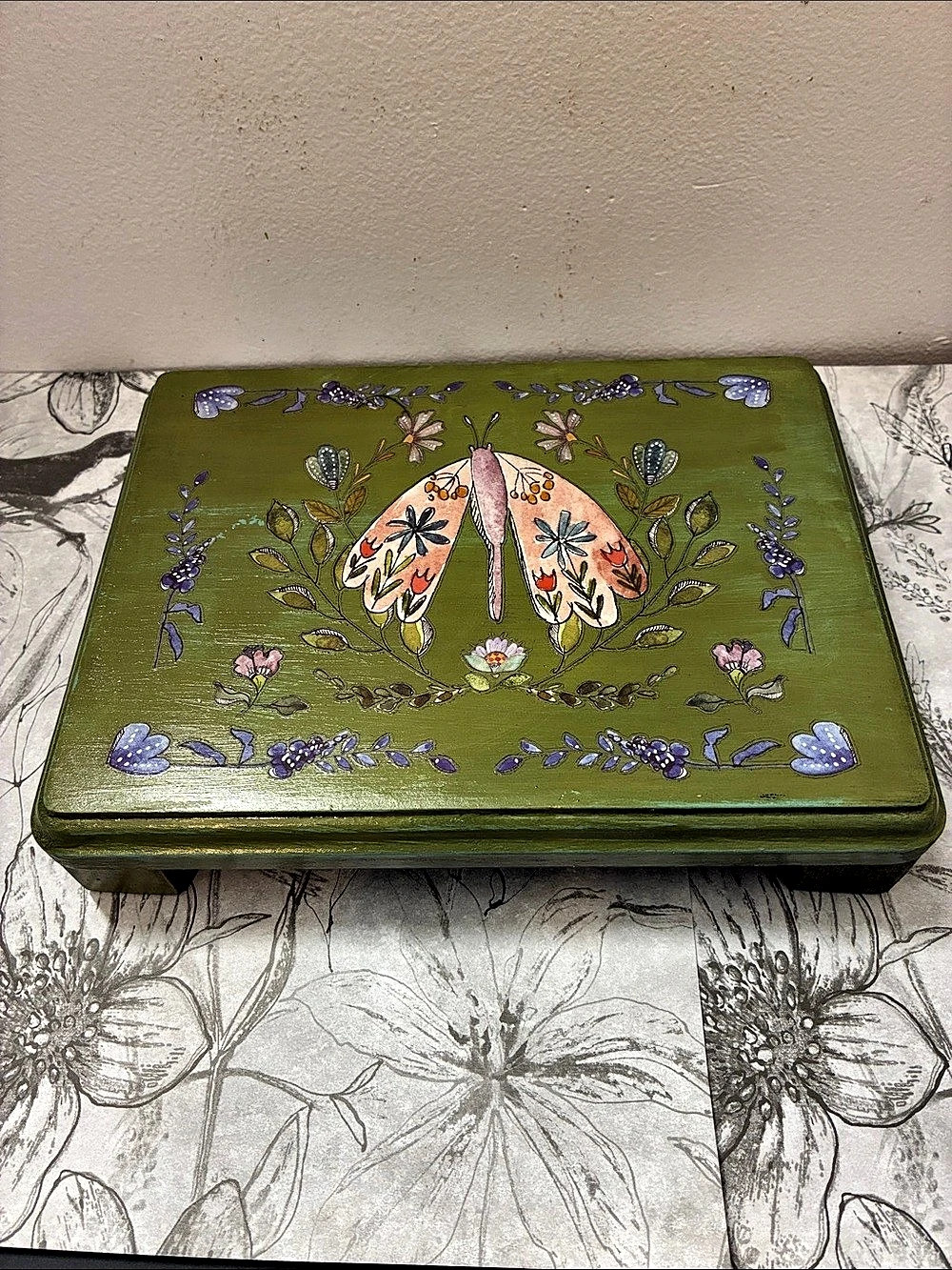 Hand-Painted (transfer butterfly) Green & Black Floral Decor Riser